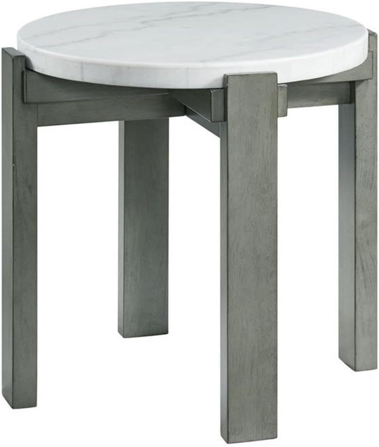 Pemberly Row Contemporary Round End Table, 24 in x 24 in x 24 in, Gray Base with White Natural Marble Top, Solid Wood Legs, Circular Design, Modern Transitional Style for Living Room or Bedroom