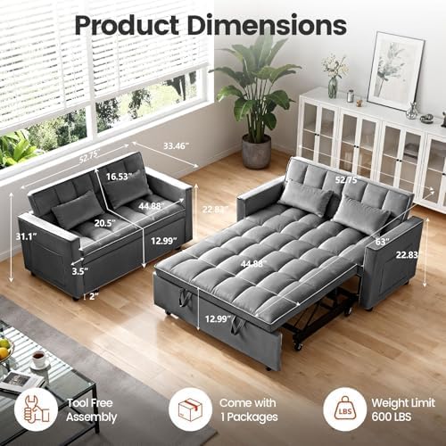 54" Convertible Sofa Bed with Adjustable Backrest, Dark Gray | Soft Velvet Sleeper Loveseat with Pull out Bed, Adjustable Backrest, Side Pockets, Ideal for Apartments and Guest Rooms
