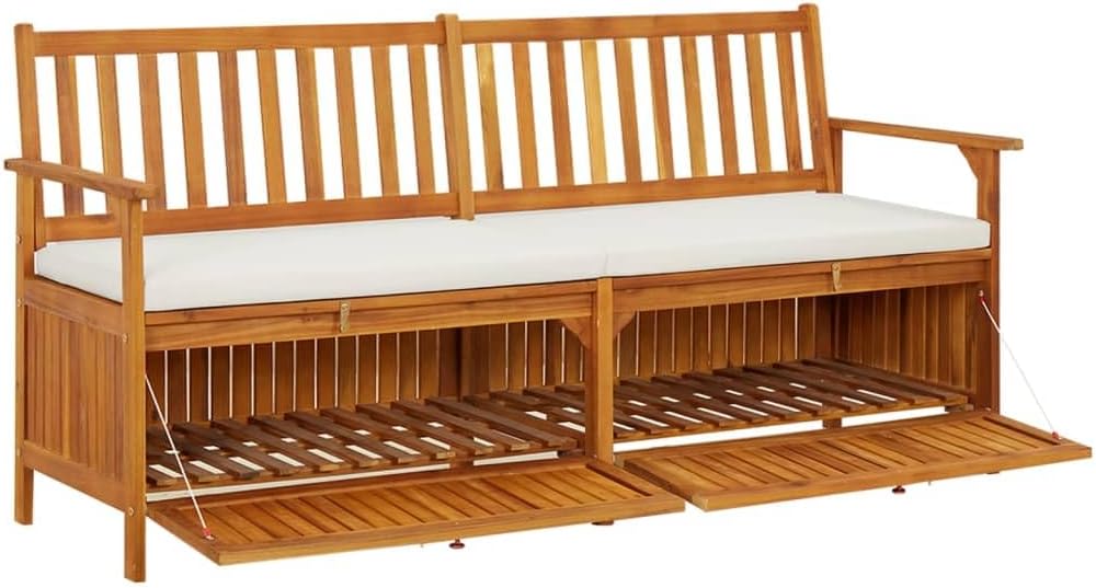 Outdoor Storage Bench with Cream Cushion, 67 Inch Acacia Wood Patio Entryway Furniture, Garden Deck Box with Seating and Padded Cushion, Brown