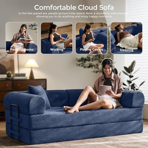 79" Convertible Futon Sofa Bed, Couch for Living Room | Blue | Folding Corduroy Sleeper Sofa, Modular Futon Couch with Fixed-Shape Frame, Pull Out Couch No Assembly