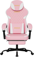 Ergonomic Gaming Chair with Footrest & Massage Lumbar Pillow, Height Adjustable 360° Swivel Computer Chair, Linked Armrest & Headrest for Office Gaming (Pink White)