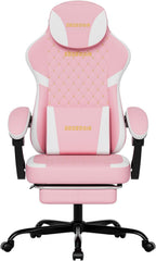 Ergonomic Gaming Chair with Footrest & Massage Lumbar Pillow, Height Adjustable 360° Swivel Computer Chair, Linked Armrest & Headrest for Office Gaming (Pink White)