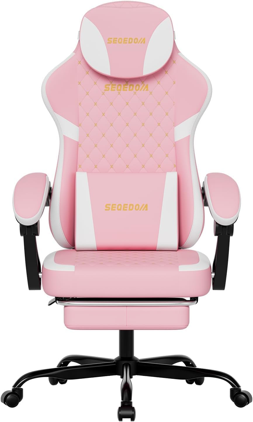 Ergonomic Gaming Chair with Footrest & Massage Lumbar Pillow, Height Adjustable 360° Swivel Computer Chair, Linked Armrest & Headrest for Office Gaming (Pink White)