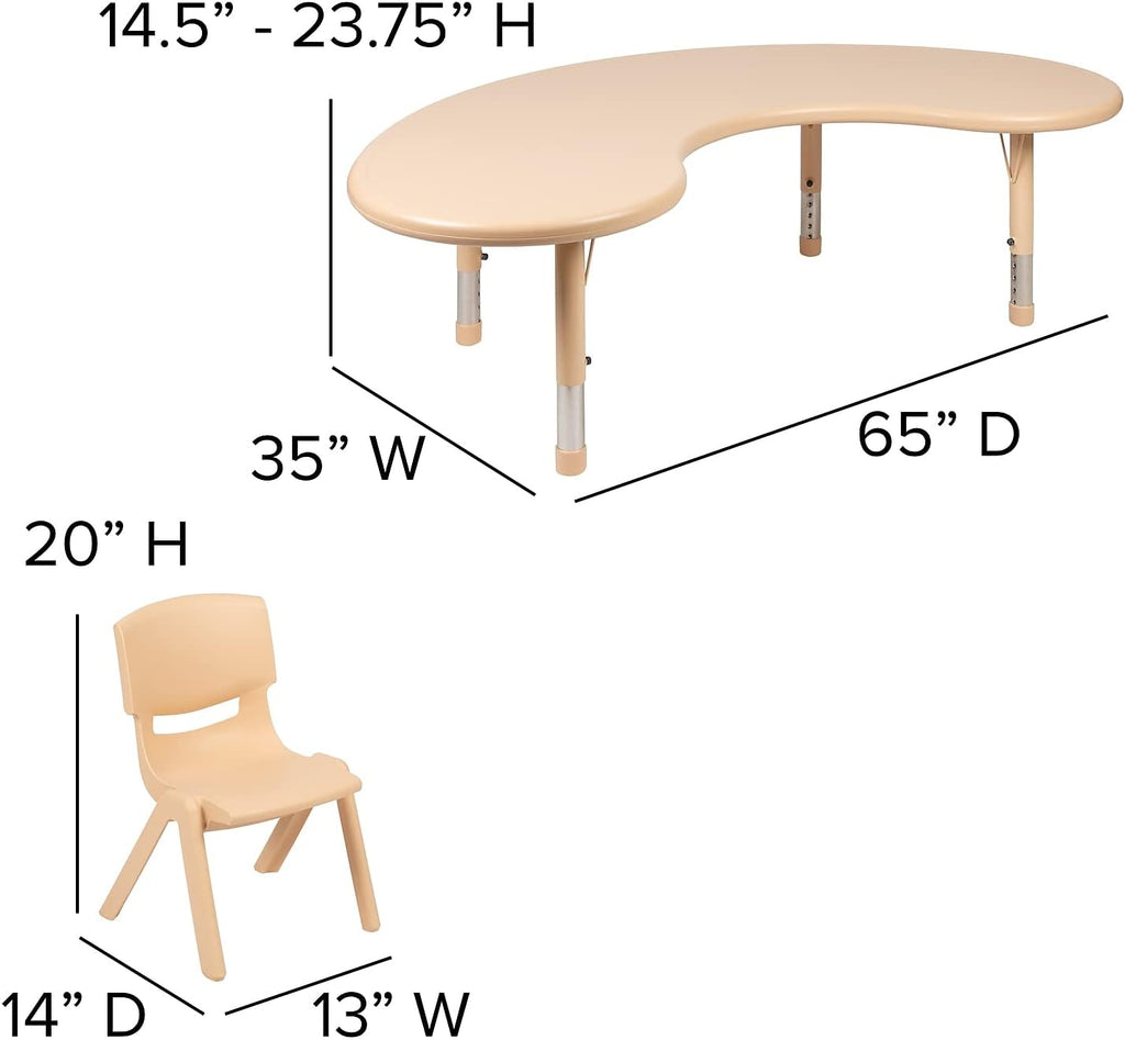 Flash Furniture 65x35 in Half-Moon Activity Table with 4 Chairs, Natural | Height Adjustable Table, Durable Construction, Commercial Use