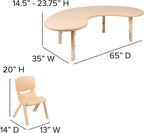 Flash Furniture 65x35 in Half-Moon Activity Table with 4 Chairs, Natural | Height Adjustable Table, Durable Construction, Commercial Use