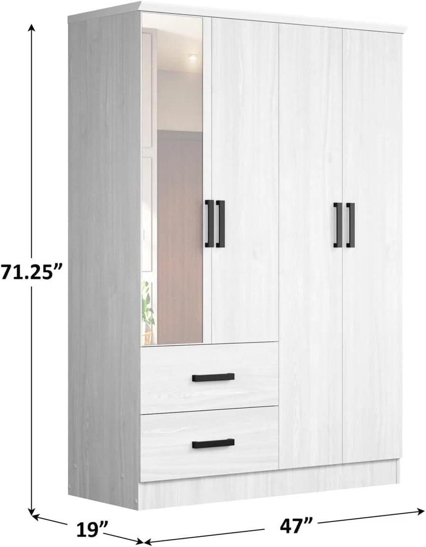 Woodpeckers Furniture And Mattress 4 Mirrored Doors Wardrobe 2 Drawers with Shelves 72 high (1 Mirror, White)
