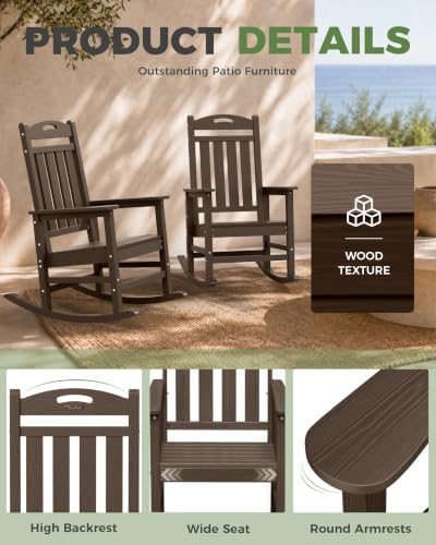 Outdoor Rocking Chair, HDPE Patio Rocking Chair, All Weather,Brown | Relax in Gentle Rock,Create Comfort Everywhere,Enjoy Your Me Time,Withstand Changing Seasons,Wood Look with Low Maintenance