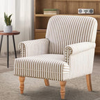 HUIMO Linen Fabric Accent Chair, Mid-Century Modern Armchair with Solid Wood Legs, Single Sofa Chair,Upholstered Reading Club Chair (1, Brown and White Stripe)