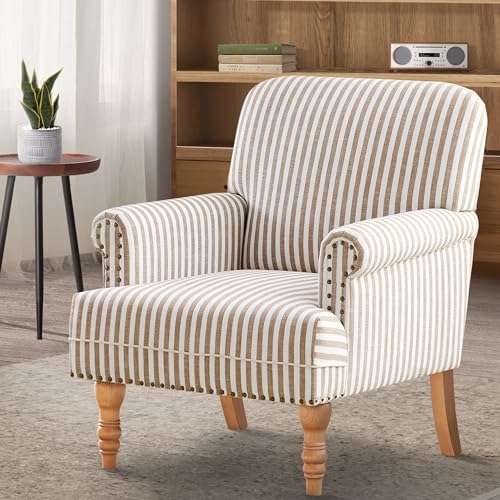 HUIMO Linen Fabric Accent Chair, Mid-Century Modern Armchair with Solid Wood Legs, Single Sofa Chair,Upholstered Reading Club Chair (1, Brown and White Stripe)