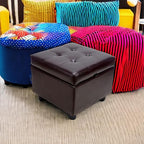 H&B Luxuries Tufted Leather Square Flip Top Storage Ottoman Cube Foot Rest (Brown with Storage)