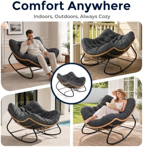 SWITTE Papasan Rocking Chair, Outdoor Wicker Egg Rocker with Cushion, Grey | Comfy Oversized Reading Chair, Cozy 30°-Rock Bed with 6" Cushion, Steel Frame 450LBS Capacity for Patio Porch Lawn