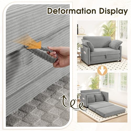 51" Convertible Loveseat Sofa Bed, 2-in-1 Folding Sofa Bed with 2 Pillow for Small Spaces, Modern Loveseat Sleeper Couch for Apartment, Living Room & Guest Room (Light Grey Corduroy, 51 inch)