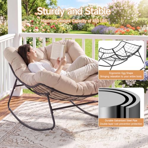 Papasan Rocking Chair, Oversized Outdoor Egg Chair with Thick Cushion | 450 lbs Heavy-Duty Frame, 6.7" Thick Cushion, Silent Rocking Design, Adjustable Rocking Angle, Indoor & Outdoor Use