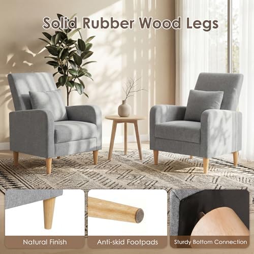 COLAMY Mid-Century Modern Upholstered Accent Chair with Back Pillow & Solid Wood Legs, Fabric Cozy Armchair for Living Room, Bedroom, Reading Nook, Apartment & Small Spaces, Lightgrey