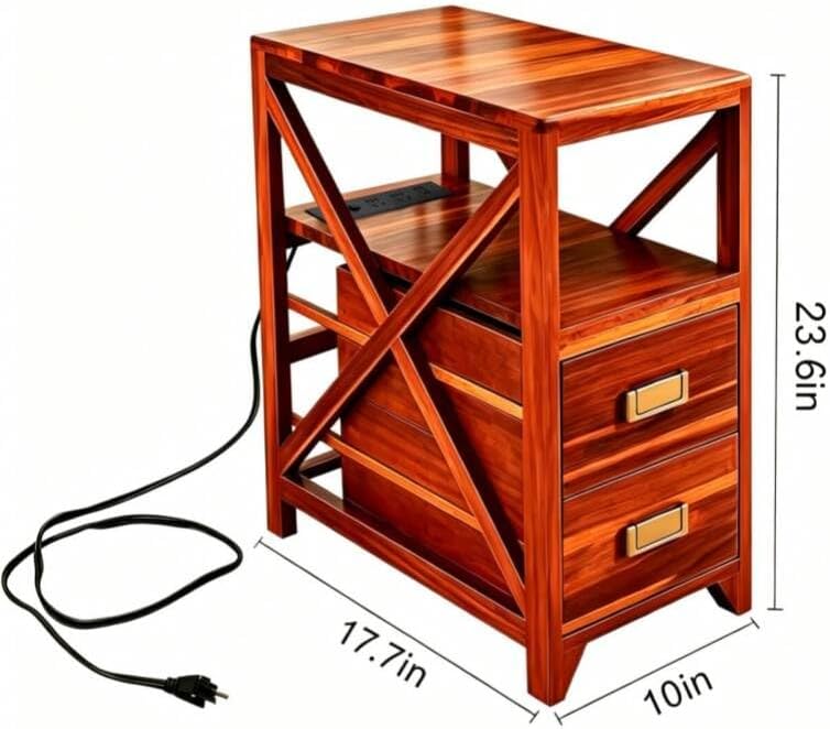 Fully Assembled Narrow Side Table with Charging Station, No Assembly Narrow Nightstand with USB Ports, Pre Assembled Skinny End Table with Outlets for Living Room, Bedroom-Golden Koa