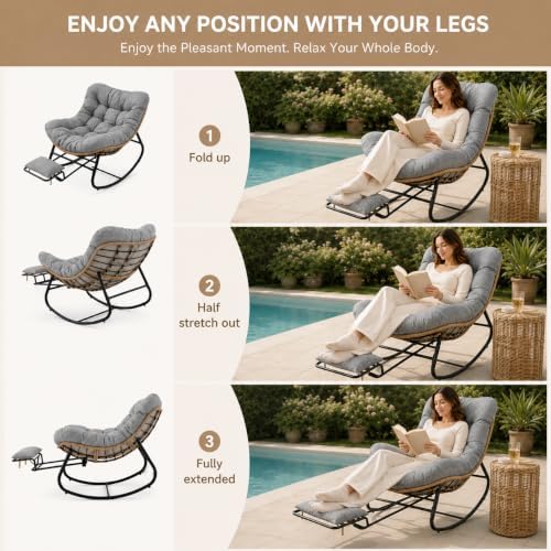 Oversized Rocking Chair with Zero-Gravity Foot Rest & Ottoman, Comfy Lounge Chair for Patio, Porch, Balcony, Indoor Reading Nook, Big Cozy Chaise Chair for Outdoor & Home Use, Grey