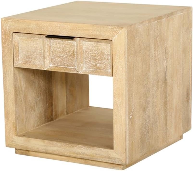 Pemberly Row 3Pc Wood Cocktail and End Table Set, Bleached Natural Finish, Mango Wood, Includes Storage Drawers and Shelves, Rectangular Coffee Table with Casters, Living Room Furniture Set