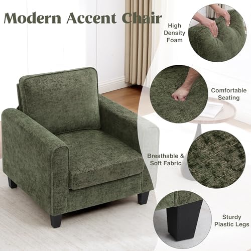 Comfy Accent Chairs for Living Room, Mid Century Modern Upholstered Living Room Chair, Chenille Reading Armchair for Apartment, Waiting Room, Office, Green