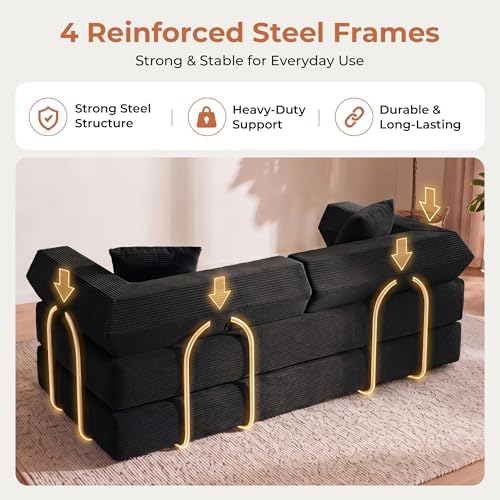 79" Convertible Futon Sofa Bed, Couch for Living Room | Black | 5-in-1 Corduroy Modular Futon Couch with Pocket Springs, Sleeper Sofa, Pull Out Couch Bed, No Assembly
