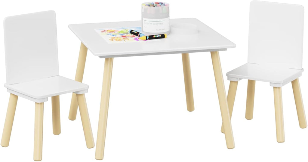 ALEVINE 3 Piece Square Back Kids Table Set | Kids wooden table and chair set with animal-themed chairs, designed for play, learning, crafts, and activities.