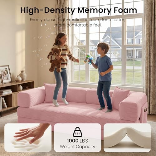 78.8" Convertible Futon Sofa Bed, Couch for Living Room | Corduroy Loveseat Sleeper Sofa, Modular Futon Couch with Storage Pocket, Pull Out Couch No Assembly | Pink