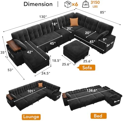 Vipbear 130" Modular Sectional Sleeper Sofa with Pull Out Bed, 9 Seat L Shaped Couch with Ottoman & Chaise/Reclining Backrest/Lift-Top Storage Arms/USB/LED Light/Tool-Free Assembly, Chenille Black