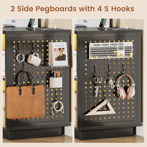 SEDETA 55" File Cabinet with Lock, Large 3 Drawers Filing Cabinets for Home Office, Lockable Printer Stand with Storage, Power Strip, LED Light & Pegboard, Black