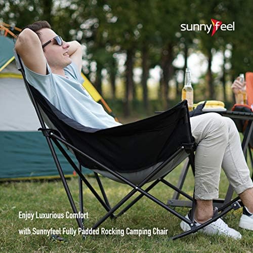 SUNNYFEEL Oversized Folding Rocking Camping Chair for Adults, 500lbs Grey | Heavy Duty Outdoor Rocker Camping Chairs, High Back Padded Lawn Recliner with Side Pocket & Carry Bag