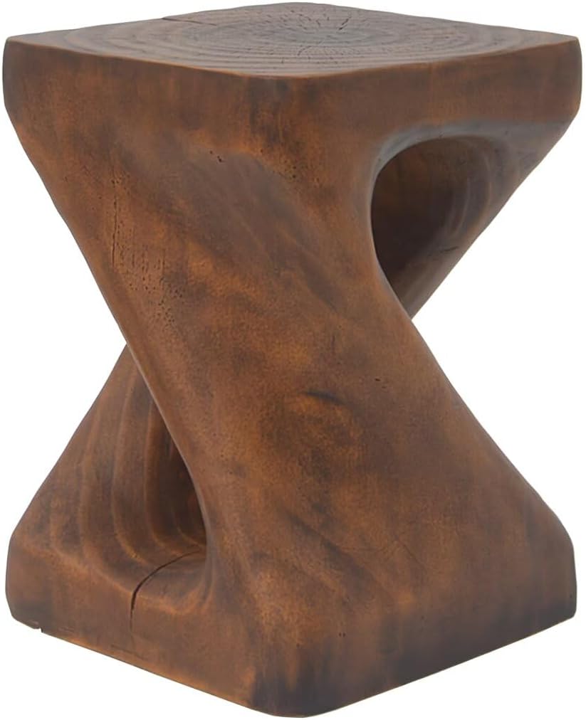Modern End Table Square Solid Wood Pedestal Side Table Rustic Plant Stand with Twisted Design for Living Room, Bedroom, Office, Antique Brown
