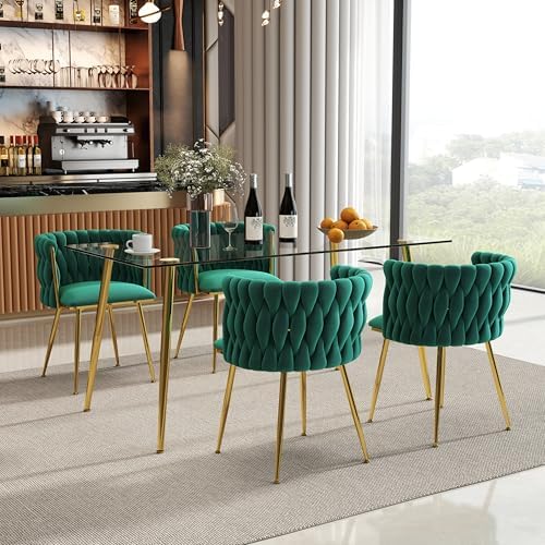 Baysitone 63" Modern Glass Dining Table with 4 Green Velvet Dining Chairs, Gold Metal Legs - Stylish 5-Piece Dining Set for Home