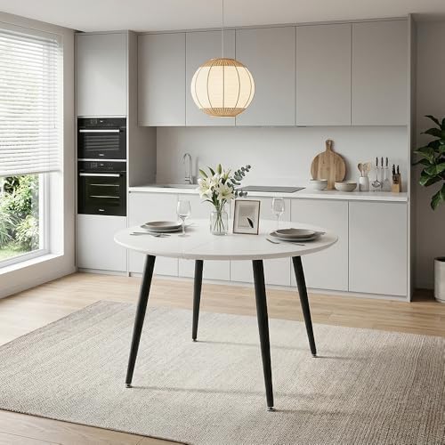 Round to Oval Extendable Dining Table for 4-8, 43" -75" Expandable Kitchen Table with Dual Extension Leaves, White Tabletop & Black Metal Legs, Space-Saving Modern Dining RoomTable, Easy Assembly