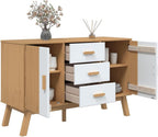 White and Brown Solid Pine Wood Sideboard with Multiple Drawers and Doors for Dining Room Living Room Hallway Storage Modern Scandinavian Design Furniture