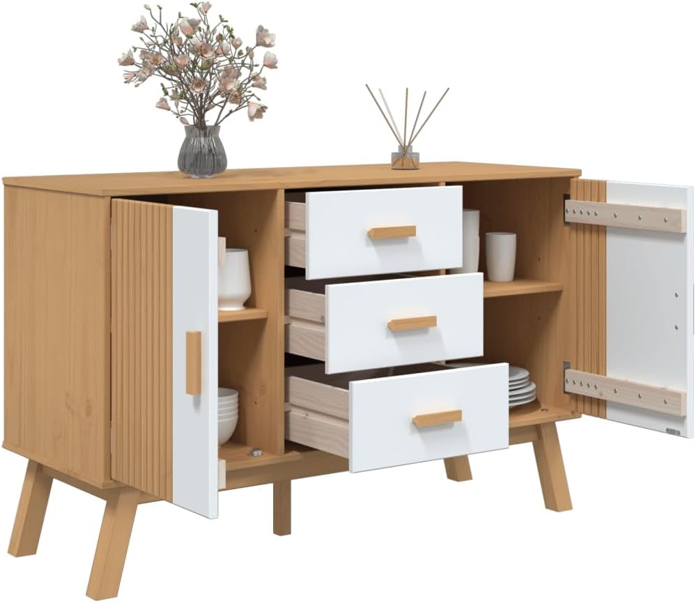White and Brown Solid Pine Wood Sideboard with Multiple Drawers and Doors for Dining Room Living Room Hallway Storage Modern Scandinavian Design