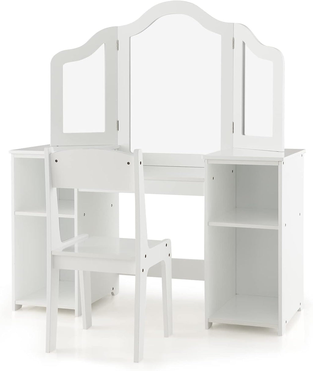 HONEY JOY Kids Vanity, Little Girls Vanity Set with Mirror and Stool, Storage Shelves, Wooden Princess Makeup Dressing Table, Toddler Vanity, Pretend Play Kids Vanity Table and Chair Set (White)