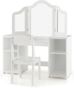 HONEY JOY Kids Vanity, Little Girls Vanity Set with Mirror and Stool, Storage Shelves, Wooden Princess Makeup Dressing Table, Toddler Vanity, Pretend Play Kids Vanity Table and Chair Set (White)