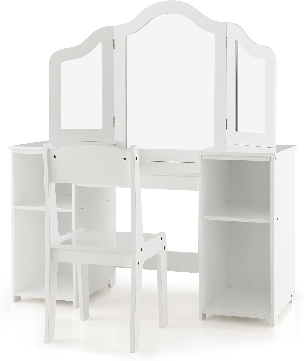 HONEY JOY Kids Vanity, Little Girls Vanity Set with Mirror and Stool, Storage Shelves, Wooden Princess Makeup Dressing Table, Toddler Vanity, Pretend Play Kids Vanity Table and Chair Set (White)