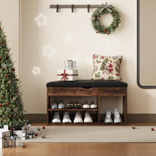 Apicizon 31 Inches Storage Bench with Padded Cushion, Shoe Bench with Storage Space, Upholstered Entryway Bench for Living Room, 2-Tier Shoe Rack Organizer, Brown