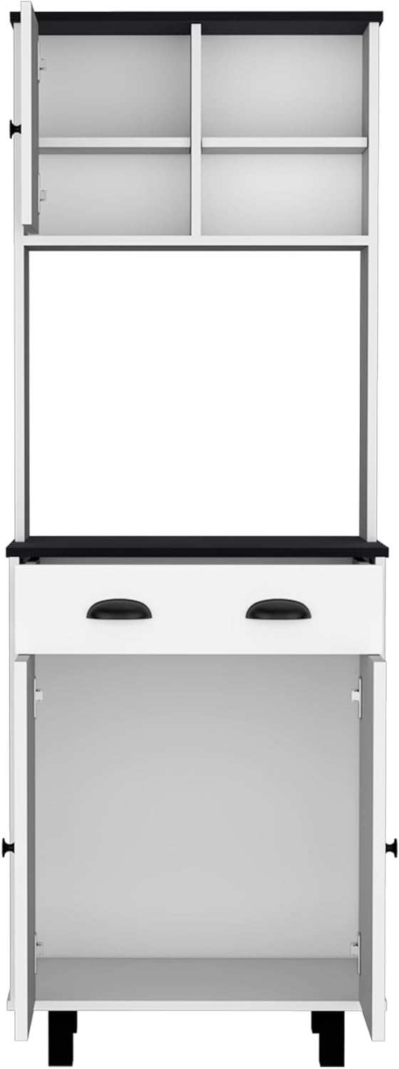 Modern Farmhouse Kitchen Pantry - White/Black Storage Cabinet with 3 Doors & Drawers | Space-Saving for Small Kitchens