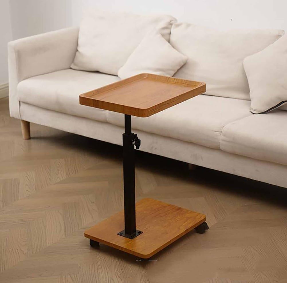C Shaped End Table Adjustable Height with Wheels, Couch Tables That Slide Under, C Shaped End for Couch Double-Layered Storage for Living Room, Bedroom,Cherry Wood Color