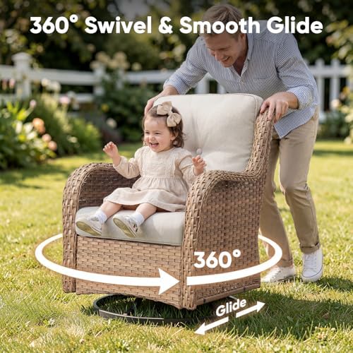 Belord 5 Piece Wicker Patio Furniture Set, Outdoor Swivel Rocker Chairs Set of 2 with Ottomans and Side Table, All Weather Patio Conversation Furniture Set, for Porch Pool, Yellow Wicker/Beige