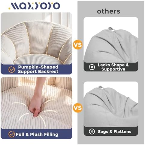 MAXYOYO Bean Bag Chair with Ottoman, Giant Pumpkin Lounge Chair for Adults | Oversized Bean Bag Chair with Footstool, Comfy and Lazy Lounge Chair for Dorm, Living Room, Bedroom, Beige