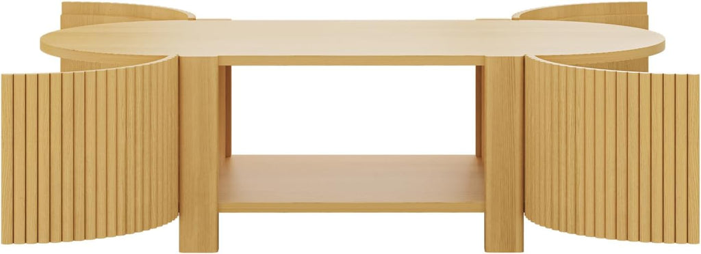 Living Room Table Set of 3 with 1 Coffee Table and 2 Side Tables, Rubber Solid Wood, Soft-Close Door, Natural, 47"