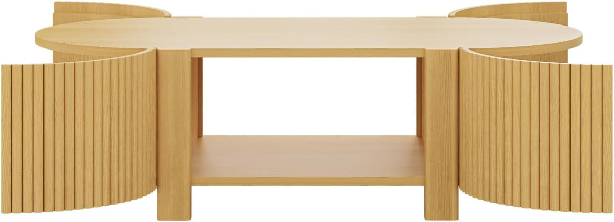 Living Room Table Set of 3 with 1 Coffee Table and 2 Side Tables, Rubber Solid Wood, Soft-Close Door, Natural, 47"