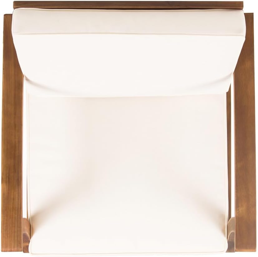 Weatherproof Acacia Wood Outdoor Arm Chair with Beige Cushions, Indoor & Patio Single Comfort Lounge Chair for Porch Garden Backyard (Cream + Acacia Wood)