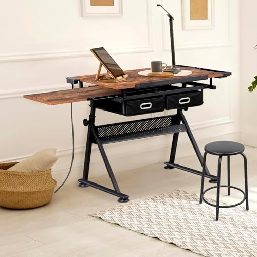 ZENY Adjustable Drafting Table with Stool Tilting Drawing Desk Artist Table | with Outlet, Storage Drawers, Art Craft Workstation for Home Office Reading, Writing, Crafting