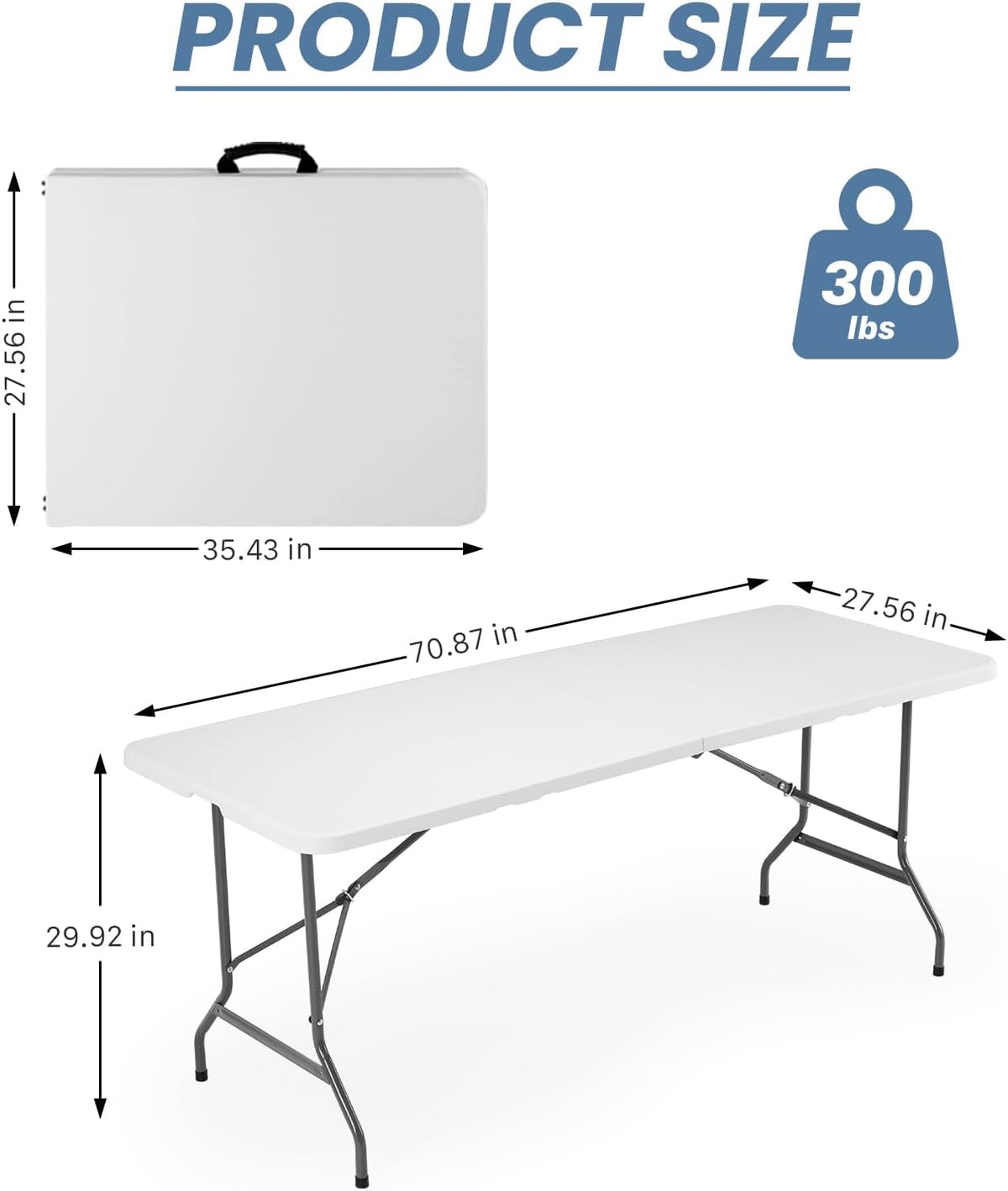 6 FT Folding Picnic Table Easy to Fold and Store, Foldable Table for Camping Picnic Dining Party Kitchen Outdoor Indoor with Carrying Handle, White