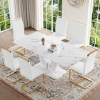 JUFU Modern 71" Faux Marble Dining Table for 6 to 8 People, Large Rectangular Kitchen Table with White Elegant U-Shaped Pedestal Base, Executive Furniture for Dining Room and Office