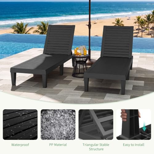 NUNU LAB Outdoor Chaise Lounge Chairs Set (Black, 2pcs) | 5-Positions Adjustable, HDPE Resin, All-Weather, Ideal for Patio, Garden, Poolside, Beach. Sunbathing Recliner, Tanning Chair