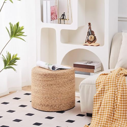 Wimarsbon 2Pcs Pouf Ottomans, Natural Seagrass Foot Stool, Hand Weaving Round Ottoman, Boho Decorative Seat, Jute Braided Pouffe Poof Accent Sitting Footrest (18inch Natural Water Hyacinth Braid)