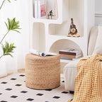 Wimarsbon 2Pcs Pouf Ottomans, Natural Seagrass Foot Stool, Hand Weaving Round Ottoman, Boho Decorative Seat, Jute Braided Pouffe Poof Accent Sitting Footrest (18inch Natural Water Hyacinth Braid)